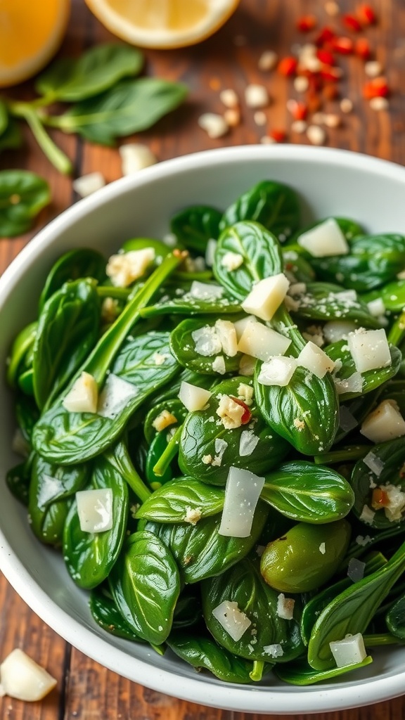 A bright bowl of sautéed spinach with garlic and onion, topped with Parmesan cheese on a wooden table.